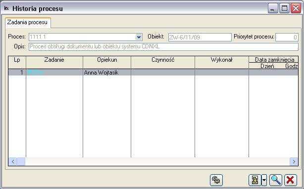 W oknie znajdują się pola i funkcje: Rys. 1.166 Historia procesu. Dane nagłówkowe procesu dane procesu nie podlegające edycji z poziomu okna: Historia procesu.