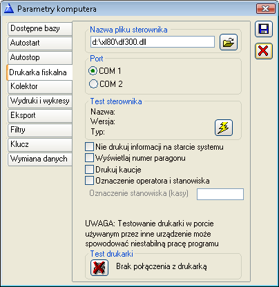 Rys. 1.206 Parametry komputera, zakładka: Autostop. 1.31.4 Konfiguracja komputera, zakładka: Drukarka fiskalna Na zakładce konfiguruje się drukarkę fiskalną, jeśli taka jest przyłączona do systemu.