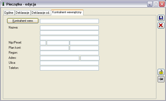 Rys. 1.41 Pieczątka, zakładka: Deklaracje cd. 1.9.2.4 Pieczątka, zakładka: Kontrahent wewnętrzny Zakładka słuŝy wybraniu kontrahenta wewnętrznego.