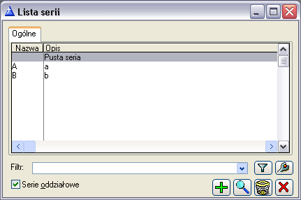 W oknie znajdują się następujące pola i funkcje. Rys. 1.43 Lista serii. Serie oddziałowe. Zaznaczenie tego pola spowoduje, Ŝe na liście serii zostaną wyświetlone równieŝ serie oddziałowe.