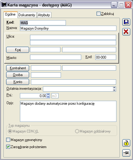 Utworzenie i dodanie nowego magazynu następuje po naciśnięciu przycisku: [Dodaj]. Zostanie wtedy otworzone okno: Karta magazynu (więcej: Rozdział 1.11.