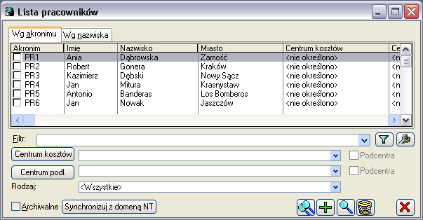W oknie znajdują się następujące pola i funkcje: Rys. 1.52 Lista pracowników, zakładka: Wg akronimu.