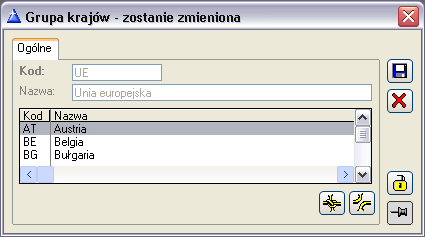 W oknie wyświetlona jest ewidencja grup krajów celnych w podziale na kolumny: Kod - kod grupy krajów celnych. Nazwa - pełna nazwa grupy.