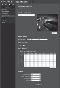 ekran konfiguracji Wykrywanie ruchu 1. Z menu Setup wybierz kartę <Zdarzenie ( )>. 2. Kliknij opcję <Wykrywanie ruchu>. Wykrywanie ruchu 1. Określ zastosowanie wykrywania ruchu. 2. Wybierz poziom czułości wykrywania ruchu.