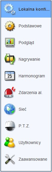 1.2.4. Konfiguracja Ekran agreguje funkcje, które pozwalają na zdalne ustawienie parametrów pracy rejestratora. Z lewej strony znajduje się menu, które zostało podzielone na odpowiednie sekcje.