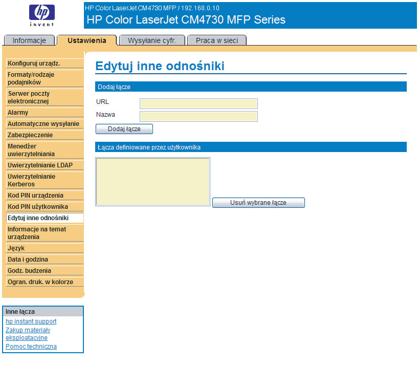 Edytuj inne odnośniki Ekran Edytuj inne odnośniki pozwala na dodanie nawet pięciu własnych łącz do wybranych stron internetowych (zobacz poniższa uwaga).