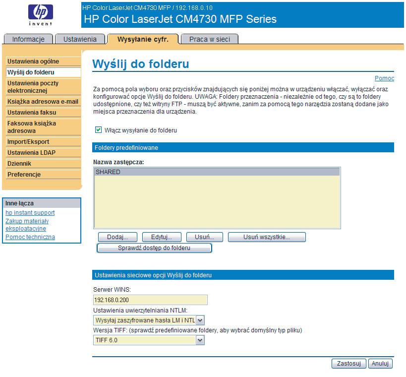 Wysyłanie do folderu Ekran Wysyłanie do folderu pozwala na wysyłanie skanowanych dokumentów do udostępnionych folderów lub witryn FTP.