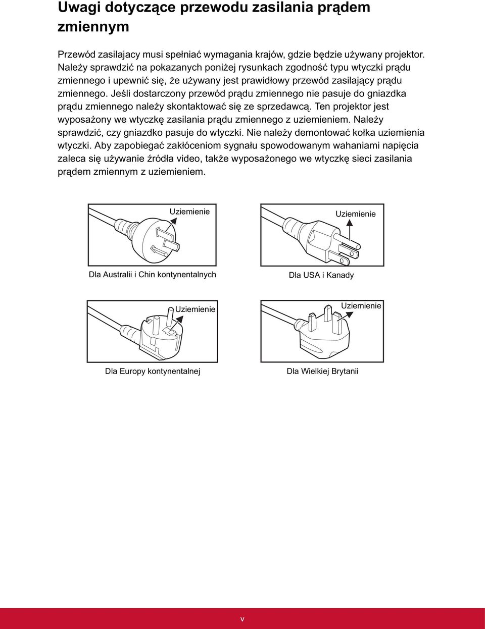 Je li dostarczony przewód pr du zmiennego nie pasuje do gniazdka pr du zmiennego nale y skontaktowa si ze sprzedawc. Ten projektor jest wyposa ony we wtyczk zasilania pr du zmiennego z uziemieniem.