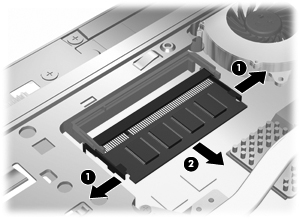b. Chwyć krawędź modułu pamięci (2) i delikatnie wyjmij go z gniazda. Aby chronić moduł pamięci po wyjęciu z gniazda, należy go umieścić w pojemniku wolnym od wyładowań elektrostatycznych. 10.