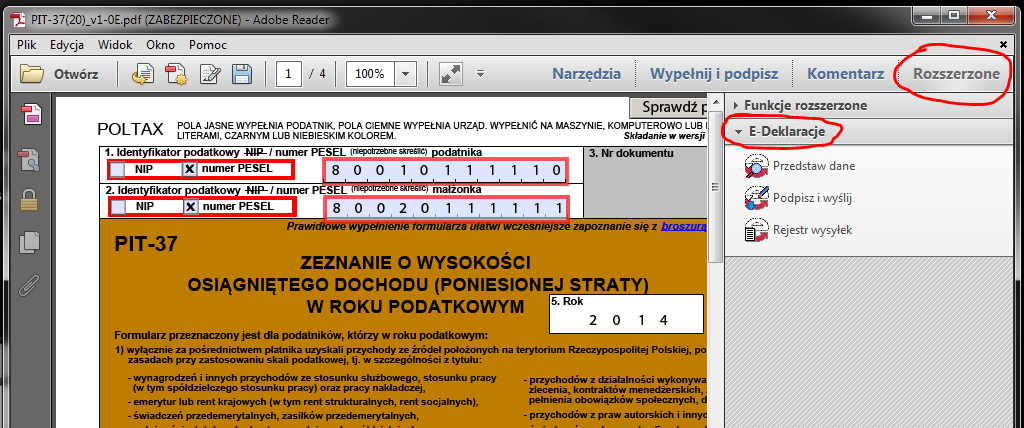 4.2. Podpisywanie i wysyłanie dokumentu elektronicznego Wysyłanie dokumentu przy użyciu formularza interaktywnego zobrazowane zostało na przykładzie zeznania rocznego PIT-37.