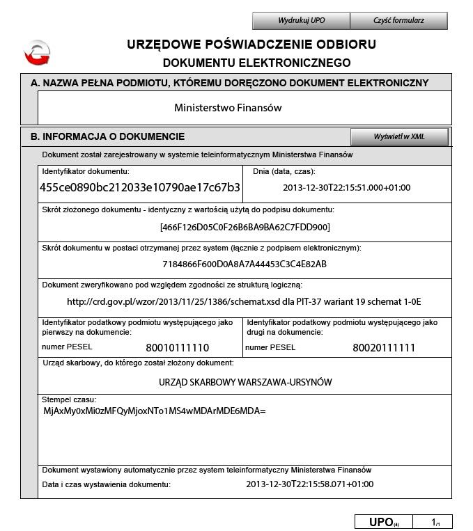 4.3.3. Wzór prawidłowego formularza UPO systemu e-deklaracje Urzędowe Poświadczenie Odbioru dokumentu elektronicznego (wzór