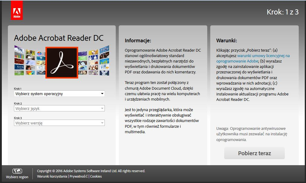 Zainstalowane oprogramowanie Adobe Reader w aktualnej wersji (obecnie jest to co najmniej wersja 10.1 lub wyższa, zalecana wersja polska) odpowiednia wersja do pobrania na stronie producenta: www.