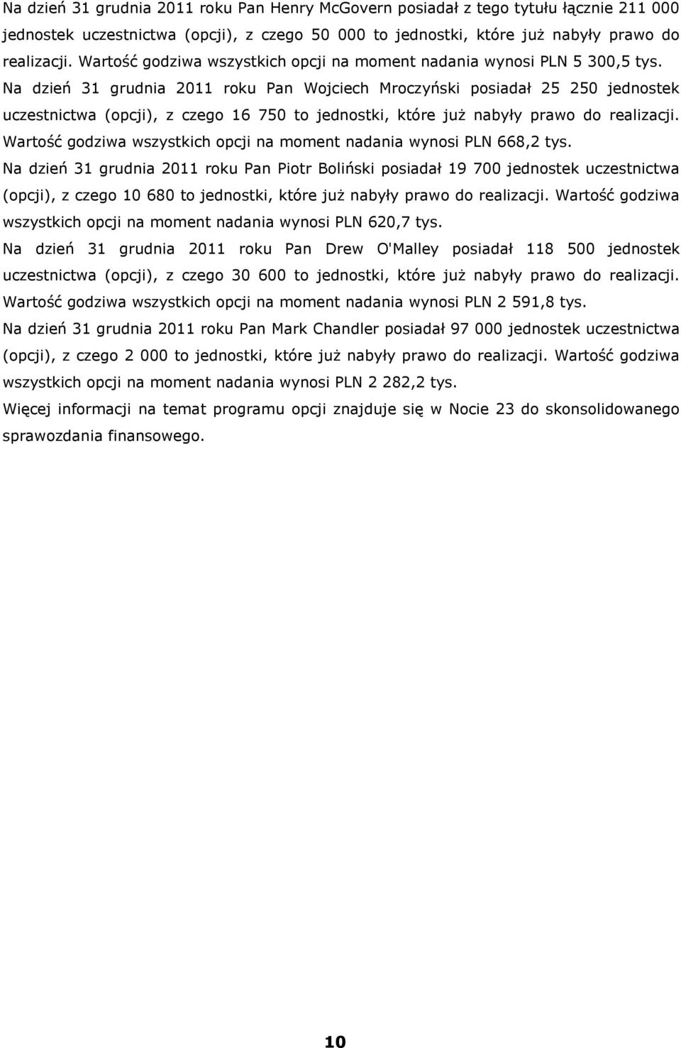 Na dzień 31 grudnia 2011 roku Pan Wojciech Mroczyński posiadał 25 250 jednostek uczestnictwa (opcji), z czego 16 750 to jednostki, które już nabyły prawo do realizacji.