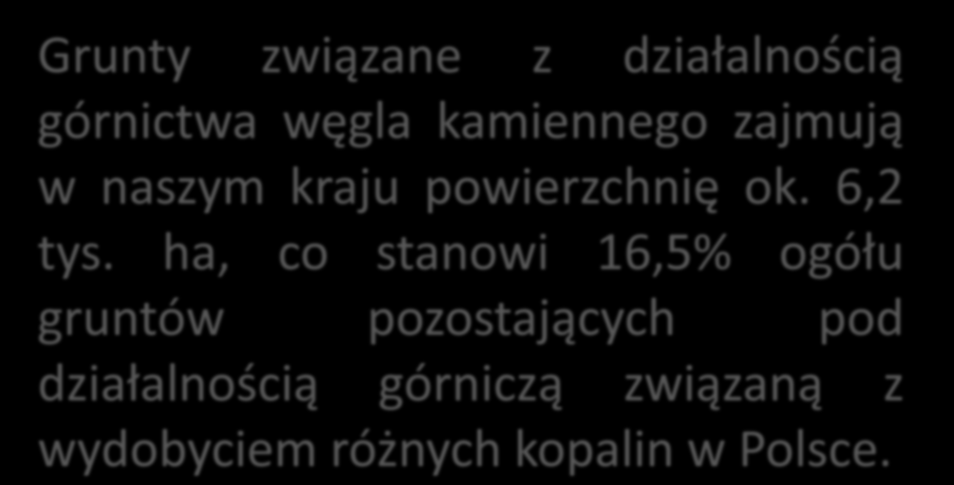 TERENY ZDEGRADOWANE Grunty związane z działalnością górnictwa węgla kamiennego zajmują w naszym kraju powierzchnię ok.