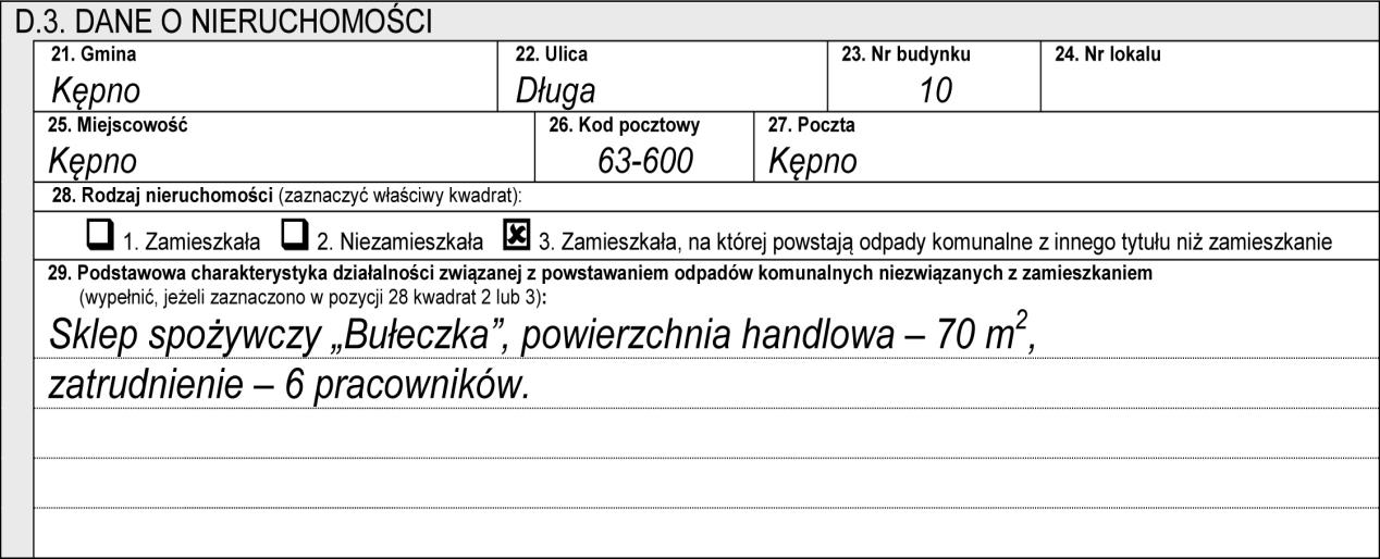 Część D.1. poświęcona jest danym podmiotu składającego deklarację. Mamy tam do wybory trzy możliwości: osoba fizyczna, prawna lub jednostka nieposiadająca osobowości prawnej, np.