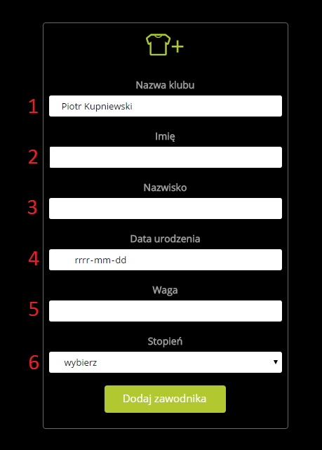 - lista zawodników lub sędziów - dodanie nowego zawodnika do klubu - dodanie nowego sędziego do klubu - sekcja czerwona W tej sekcji umieszczona jest aktualna data i