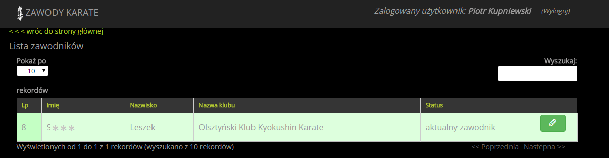 1. Pole w którym widnieje nazwa klubu zalogowanego użytkownika (pole z wyłączona funkcją modyfikacji) 2. Imię zawodnika (pole typu tekstowego) 3. Nazwisko zawodnika (pole typu tekstowego) 4.