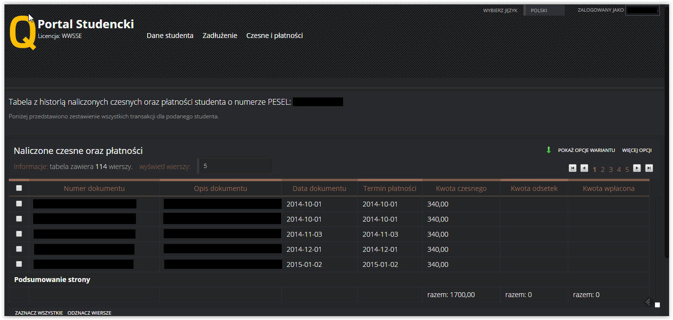 3.2.2. Czesne i płatności Po wybraniu opcji Czesne i płatności użytkownik zostanie przeniesiony na stronę zawierającą tabelę z całą historią płatności oraz naliczonych czesnych.