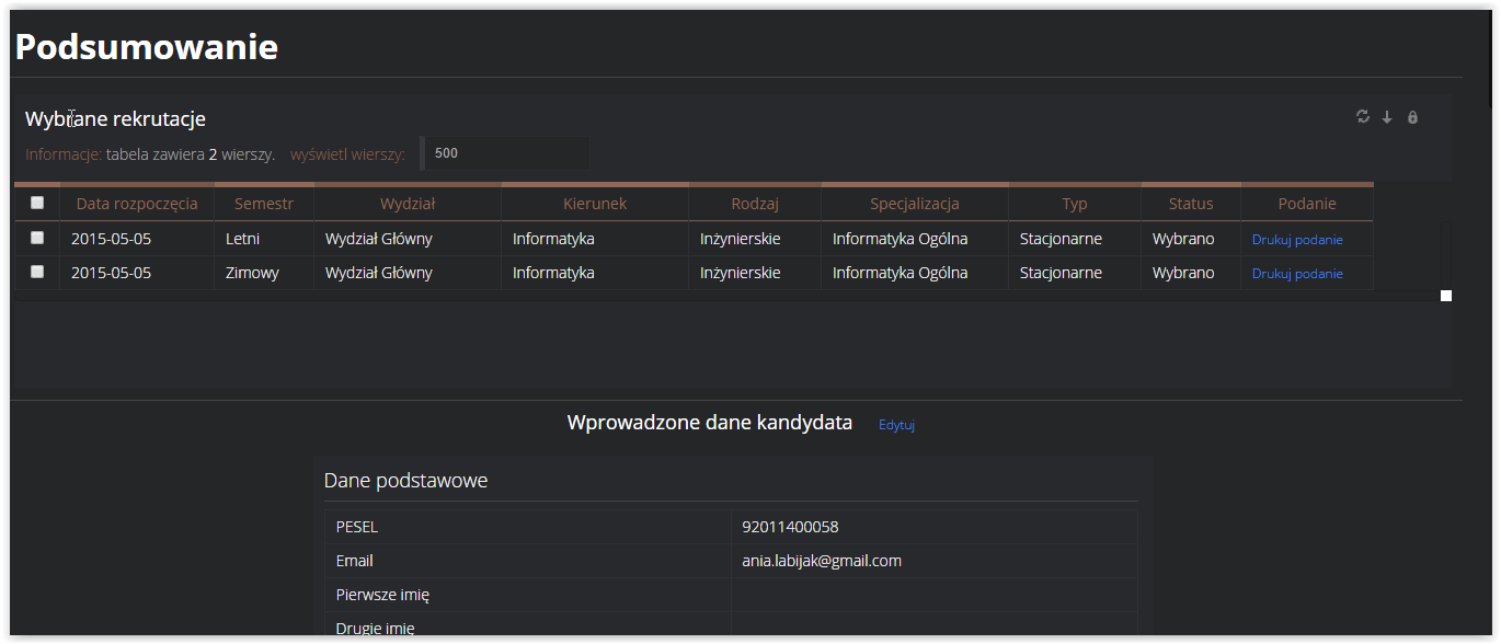 2. Panel kandydata 2.1. Podsumowanie Po zalogowaniu na konto kandydata użytkownik zostanie przeniesiony na stronę, w którym może przejrzeć podsumowanie swojej rejestracji.