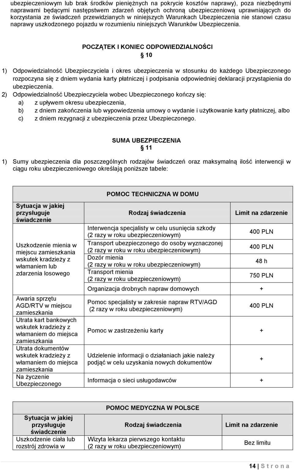 POCZĄTEK I KONIEC ODPOWIEDZIALNOŚCI 10 1) Odpowiedzialność Ubezpieczyciela i okres ubezpieczenia w stosunku do każdego Ubezpieczonego rozpoczyna się z dniem wydania karty płatniczej i podpisania