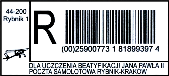 POL11634 29.04.2011 35 x 40 mm RYBNIK 1 29.04.2011 DLA UCZCZENIA BEATYFIKACJI JANA PAWŁA II POCZTA SAMOLOTOWA RYBNIK-KRAKÓW Bazylika mniejsza pod wezwaniem Świętego Antoniego w Rybniku i samolot turystyczny typu Wilga.