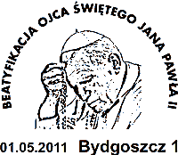 POL11637 01.05.2011 35 x 30 mm BYDGOSZCZ 1 01.05.2011 BEATYFIKACJA OJCA ŚWIĘTEGO JANA PAWŁA II Jan Paweł II odmawia modlitwę różańcową. (PL11046) POL11638 01.05.2011 40 x 30 mm CZĘSTOCHOWA 1 01.05.2011 BEATYFIKACJA JANA PAWŁA II Jan Paweł II w stroju pontyfikalnym trzyma krzyż pasterski i fragment znaczka pocztowego.