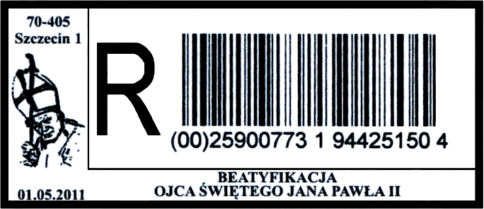 POL R 11105 01.05.2011 79 x 34 mm 70-405 SZCZECIN 1 01.05.2011 BEATYFIKACJA OJCA ŚWIĘTEGO JANA PAWŁA II Jan Paweł II w stroju pontyfikalnym trzyma krzyż pasterski.