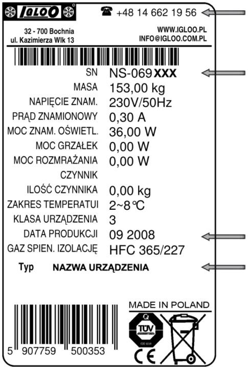 Tabliczka znamionowa znajduje się z boku urządzenia, w dolnej części korpusu Rys.