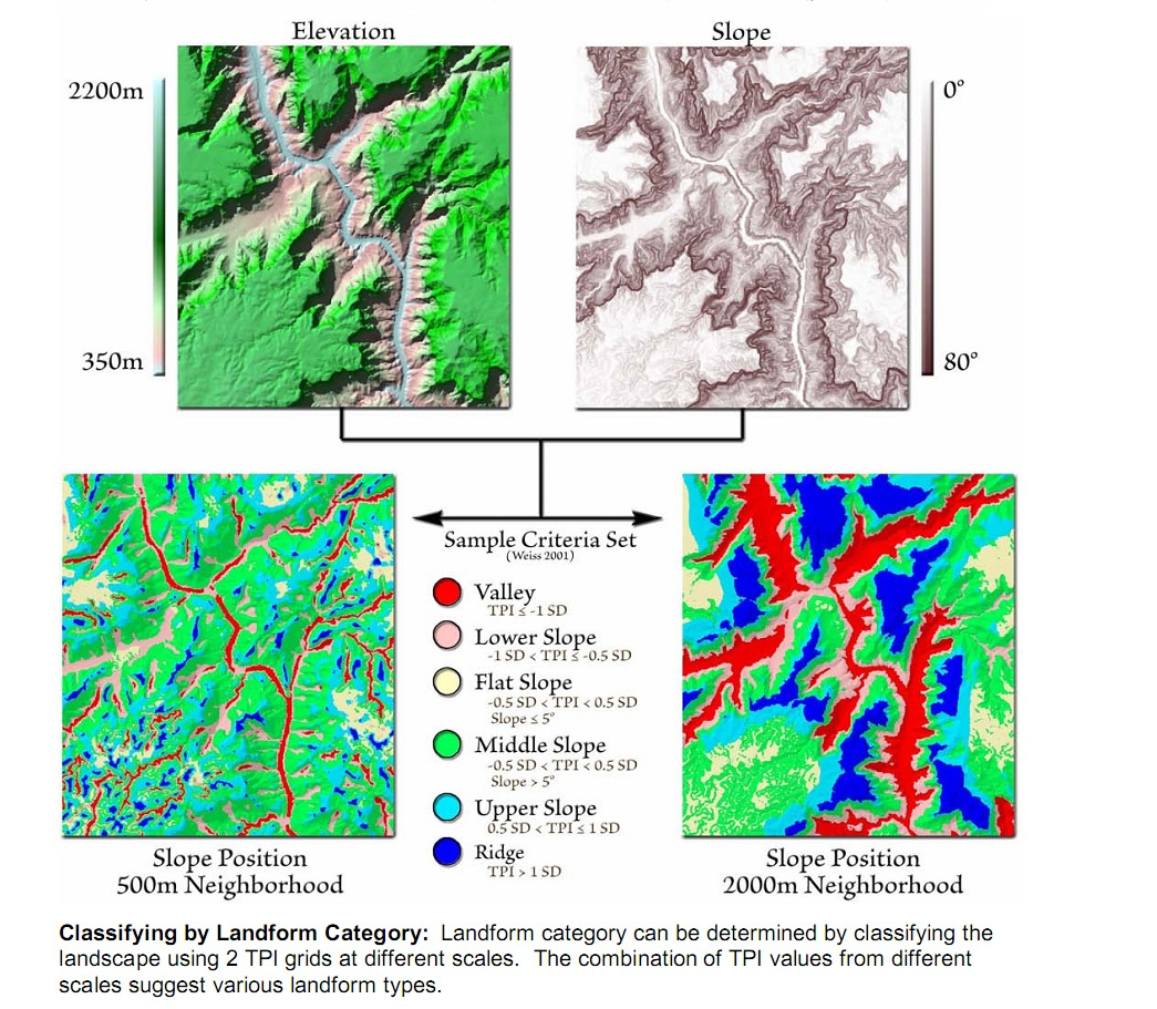 Topographic Position Index Klasyfikacja form terenu dokonywana przez porównanie dwóch uśrednionych DEM (bliższe, dalsze