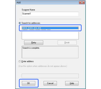 Korzystanie z Network Interface Unit E W oknie Add (Dodaj) wybierz adres IP przystawki Network Interface Unit w obszarze Search for addresses (Wyszukaj adresy). Następnie kliknij przycisk OK.