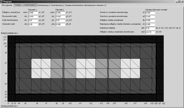 191 wymiarów geometrycznych poszczególnych elementów transformatora oraz od założonej gęstości siatki dyskretyzacyjnej.