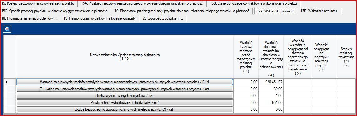 Dane zaczytywane automatycznie z wniosku o dofinansowanie. W przypadku wskaźników, tj.