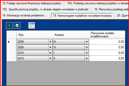 Należy podać informację o wydatkach kwalifikowalnych jakie Beneficjent planuje ponieść w kolejnych 4 kwartałach realizacji projektu.