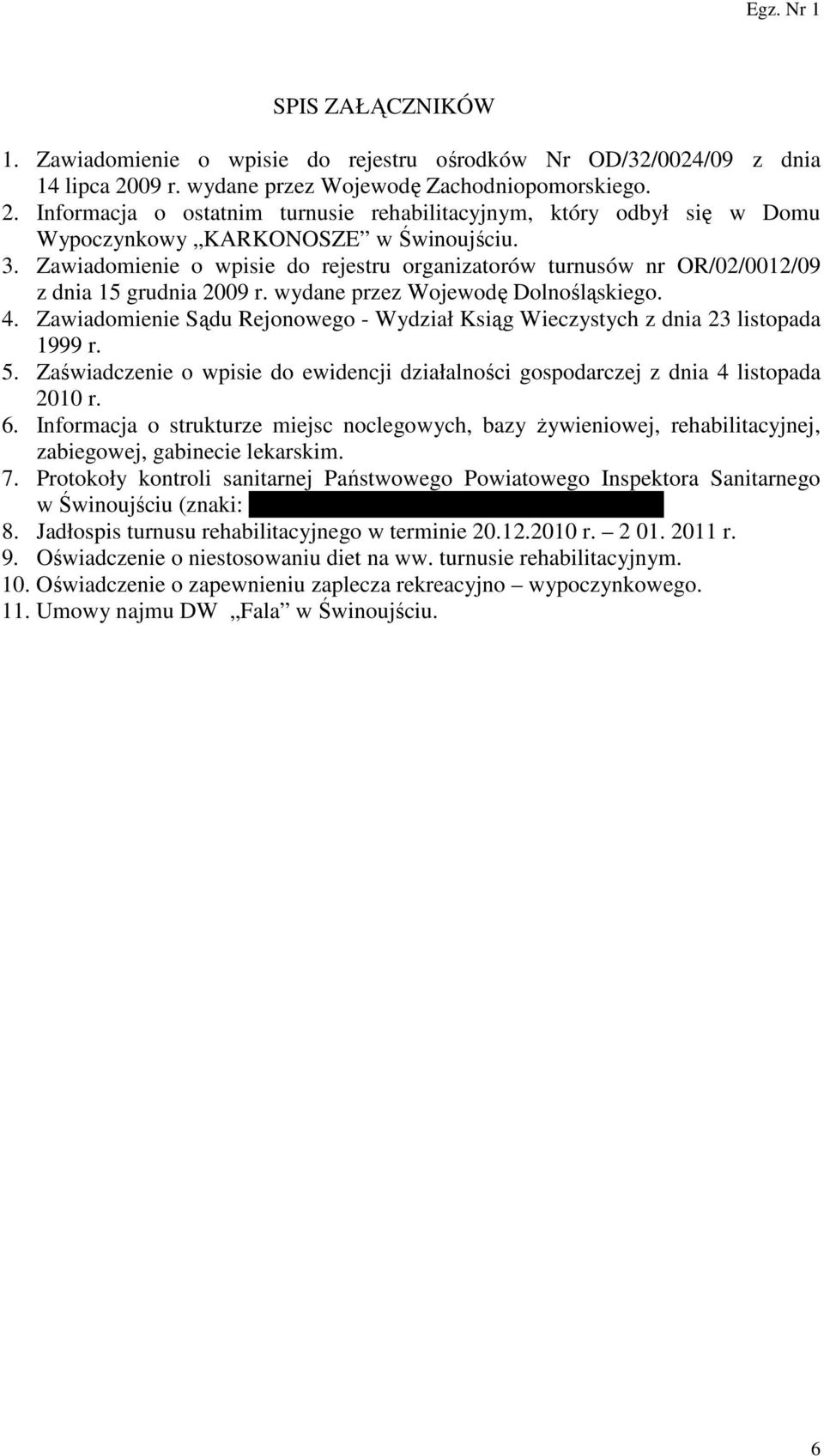 Zawiadomienie o wpisie do rejestru organizatorów turnusów nr OR/02/0012/09 z dnia 15 grudnia 2009 r. wydane przez Wojewodę Dolnośląskiego. 4.