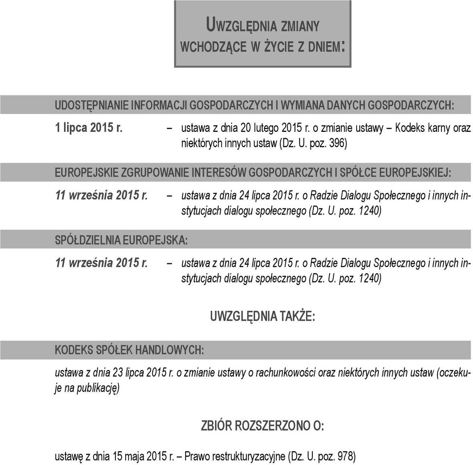 o Radzie Dialogu Społecznego i innych instytucjach dialogu społecznego (Dz. U. poz. 1240) SPÓŁDZIELNIA EUROPEJSKA: 11 września 2015 r. ustawa z dnia 24 lipca 2015 r.