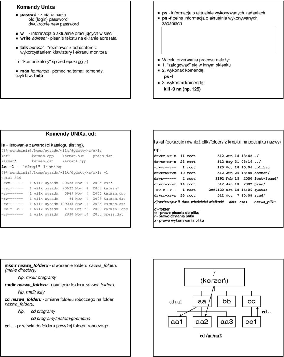 help ps - informacja o aktualnie wykonywanych zadaniach ps -f pełna informacja o aktualnie wykonywanych zadaniach UID PID TTY TIME COMMAND kowal 37 tty01 0:34 -csh nowak 125 tty02 2:28 vi prog.