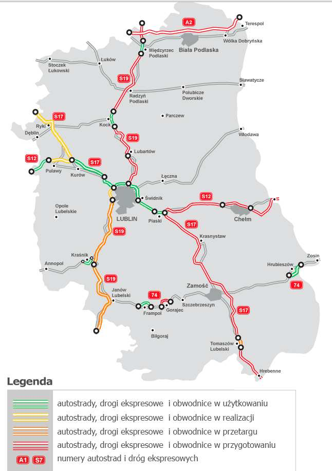 Rysunek 2 Mapa stanu budowy dróg lubelskie Źródło: http://www.gddkia.gov.