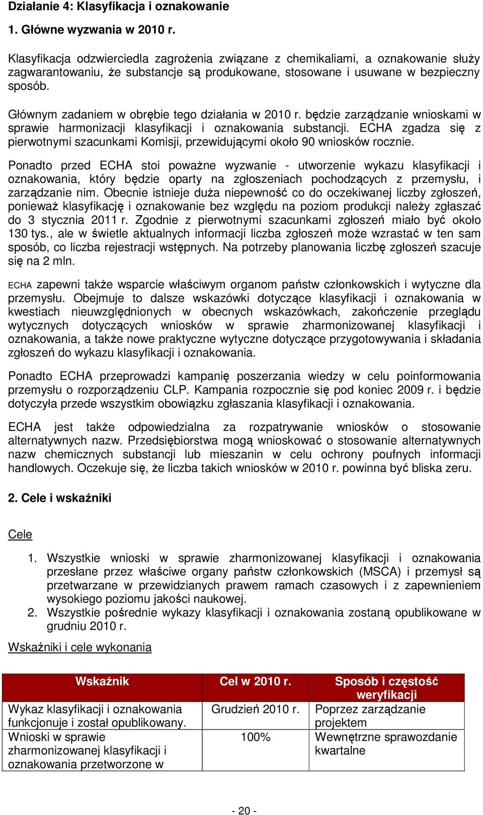 Głównym zadaniem w obrębie tego działania w 2010 r. będzie zarządzanie wnioskami w sprawie harmonizacji klasyfikacji i oznakowania substancji.