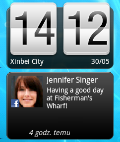 106 Aplikacje Market i inne Korzystanie z aplikacji Zegar Informacje na temat widżetu Zegar HTC Widżet Zegar HTC umożliwia wyświetlanie bieżącej godziny i aktualizacji sieci społecznościowych.