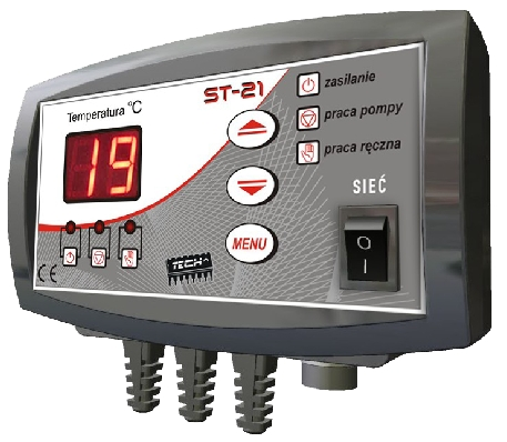 Opis sterownika PRZYCISK PLUS TEMPERATURA CZUJNIKA PRZYCISK MINUS WYŁĄCZNIK SIECIOWY ZASILANIE WEJŚCIE DO MENU I AKCEPTACJA USTAWIEŃ CZUJNIK C.O. POMPA C.O. Zasada działania Regulator ST-21 przeznaczony jest do sterowania pompą obiegu wody C.