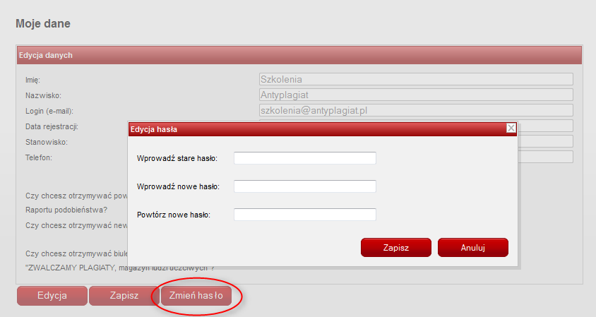 VII. Zakładka Moje dane Zakładka Moje dane (Ilustracja 11.), służy przede wszystkim do edycji danych Użytkownika systemu antyplagiatowego.