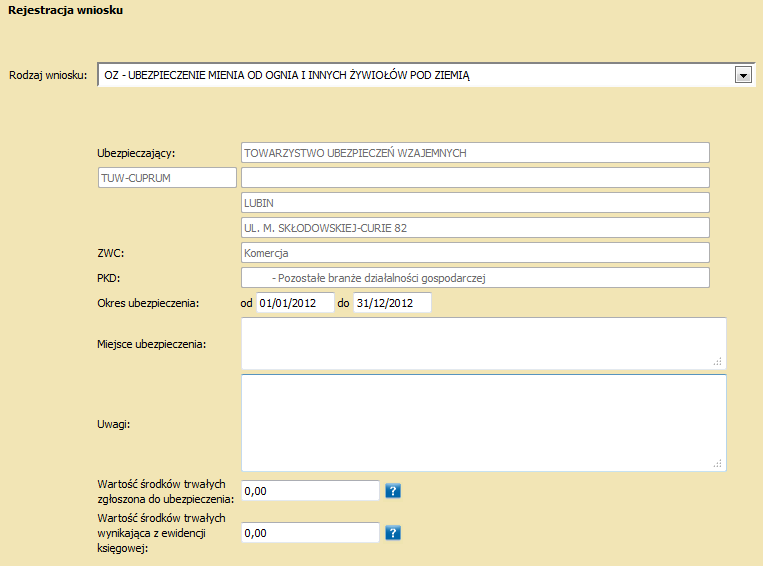 REJESTROWANIE WNIOSKU Po wyborze rodzaju ubezpieczenia na ekranie powinny pojawić się informacje na temat Ubezpieczającego (nazwa, adres, przynależność do związku wzajemności członkowskiej oraz