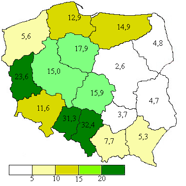 Rys. 8 Udział kwalifikowanego materiału siewnego w zasiewach zbóż w sezonie 2014/2015 obliczenia własne wg danych GUS. 5.