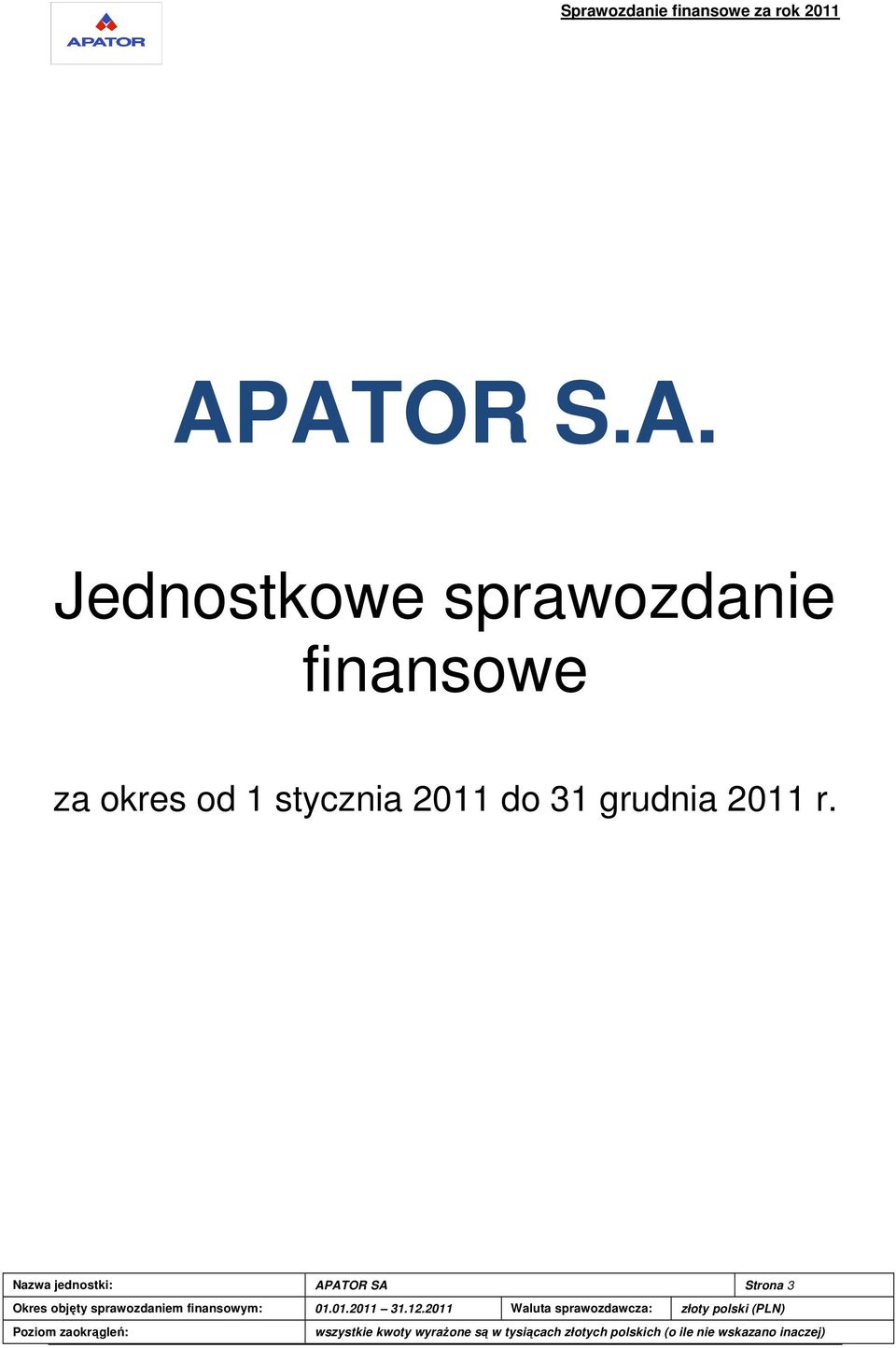 Nazwa jednostki: APATOR SA Strona 3 Okres objęty sprawozdaniem finansowym: 01.01.2011 31.12.