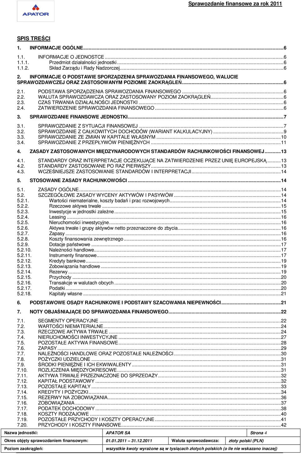 .. 6 2.3. CZAS TRWANIA DZIAŁALNOŚCI JEDNOSTKI... 6 2.4. ZATWIERDZENIE SPRAWOZDANIA FINANSOWEGO... 6 3. SPRAWOZDANIE FINANSOWE JEDNOSTKI... 7 3.1. SPRAWOZDANIE Z SYTUACJI FINANSOWEJ... 7 3.2. SPRAWOZDANIE Z CAŁKOWITYCH DOCHODÓW (WARIANT KALKULACYJNY).