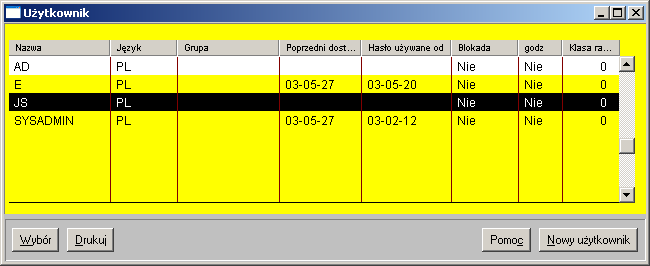 Po wybraniu powyższej funkcji zostanie wyświetlona lista dotychczasowych użytkowników systemu. W prawym-dolnym rogu listy znajduje się przycisk [Nowy użytkownik], który należy wcisnąć.