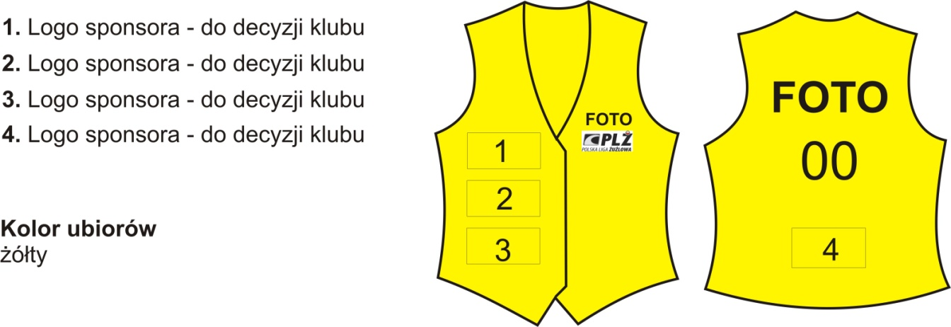 3) lekarze zawodów muszą posiadać stroje wg rysunku poniżej: 4) fotoreporterzy na płycie wewnątrz toru i w parku maszyn oraz ekipy telewizji klubowych i fotoreporterzy klubowi