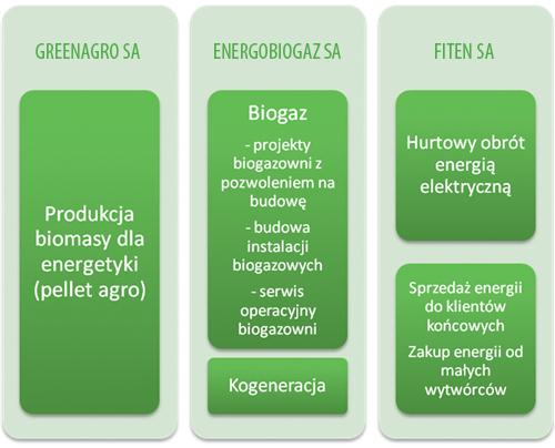 2. OPIS DZIAŁALNOŚCI BIZNESOWEJ GRUPY KAPITAŁOWEJ FITEN S.A. Grupa Kapitałowa FITEN S.A. za cel generalny stawia sobie osiągniecie pozycji unikatowego podmiotu handlującego, dostarczającego i produkującego równolegle energię elektryczną, pellet z biomasy rolniczej i gaz.