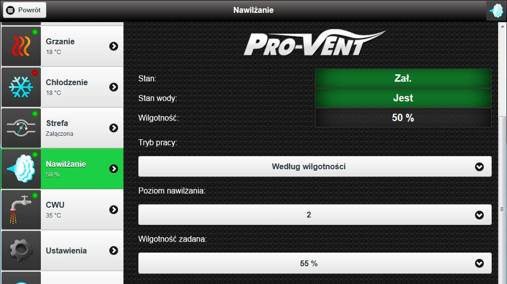 Ekran edycji ustawień nawilżania Pole/komponent Możliwe wartości Opis Stan Zał./Wył. Stan nawilżacza. Stan wody Brak/Jest Stan wody w zbiorniku wewnątrz centrali.