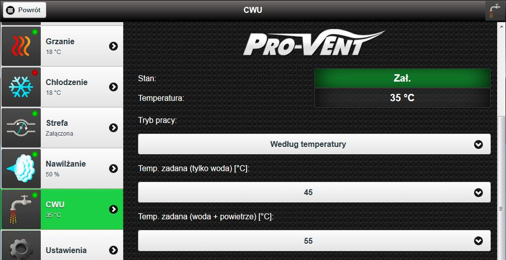 3.7. USTAWIENIA GRZANIA WODY UŻYTKOWEJ (MENU CWU) WebManipulator instrukcja obsługi dla central MISTRAL MAX Ekran edycji ustawień grzania ciepłej wody użytkowej Pole/komponent Możliwe wartości Opis